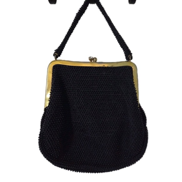 Handbags - Vintage Beaded Handbag Tote Black Gold Snap Closure